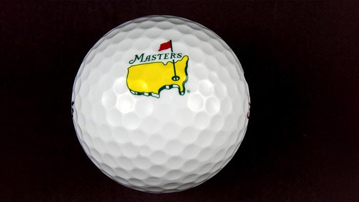 A Masters Tournament logo on a golf ball