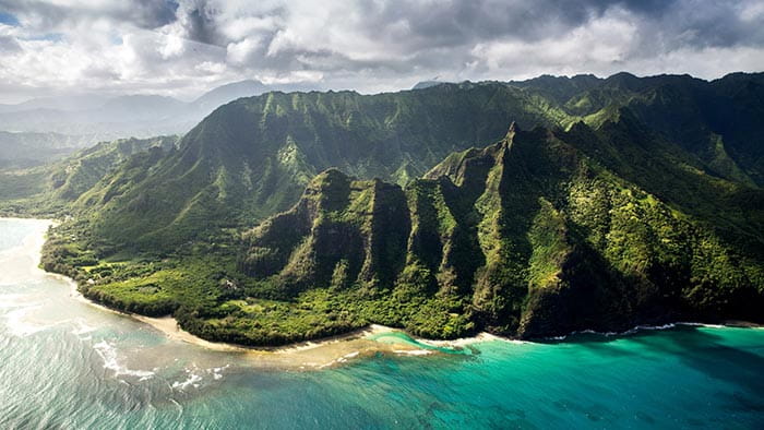 Hawaiian coastline and mountain range