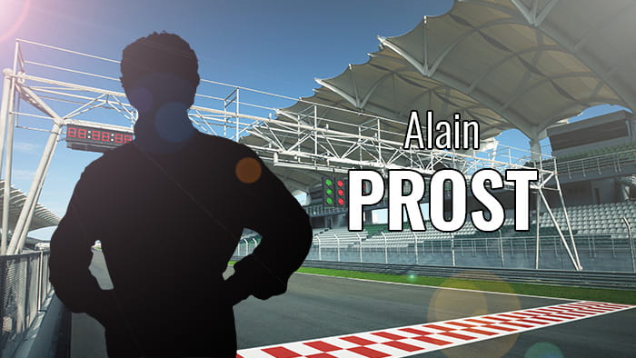 A silhouette representing Alain Prost at a race track
