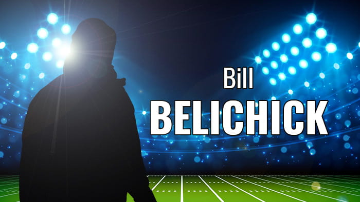 A silhouette representing Bill Belichick in a football stadium