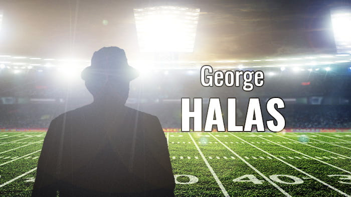 A silhouette representing George Halas in a football stadium