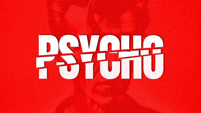 A silhouette of a person on a red background with a shattered Psycho written on it