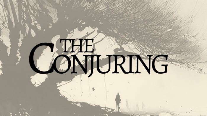 A tree silhouette in the background with the Conjuring written on the image