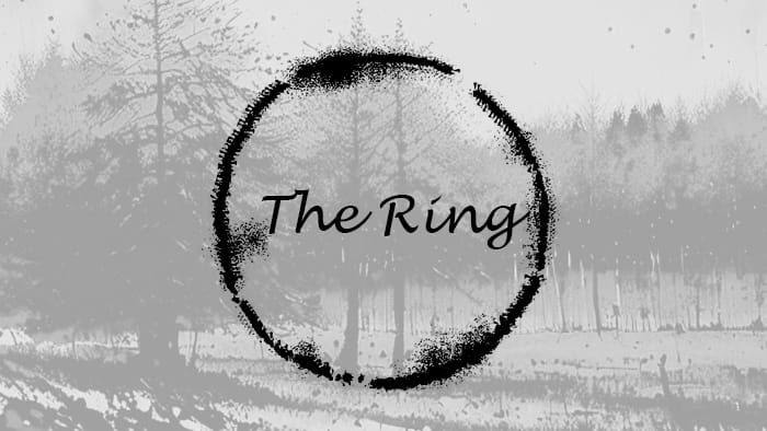 A forest silhouette in the background with a distorted ring, with the Ring written on it