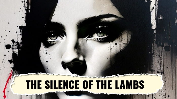 A woman's face with the Silence of the Lambs written on a banner
