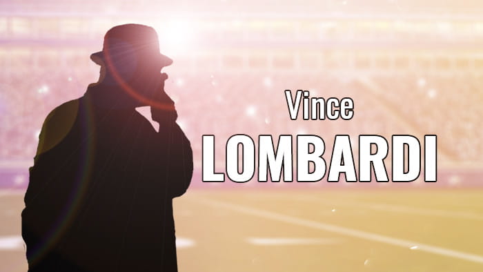 A silhouette representing Vince Lombardi in a football stadium