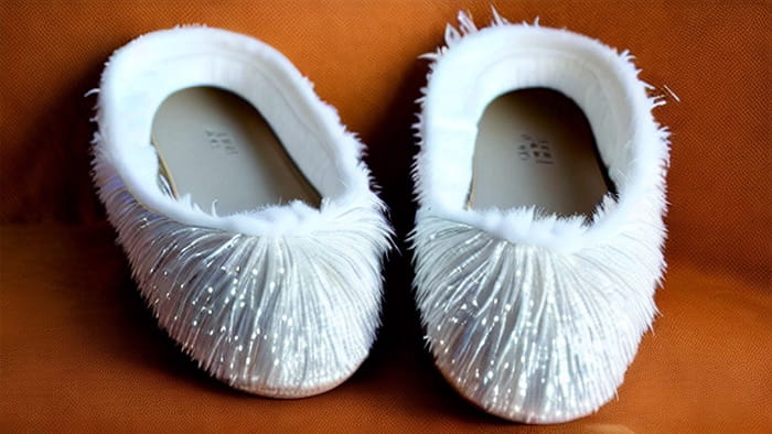 A pair of slippers made entirely out of hot glue strands