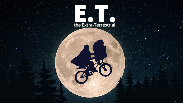 A scene from E.T. the Extra-Terrestrial with the iconic image of a bicycle flying in front of the moon.