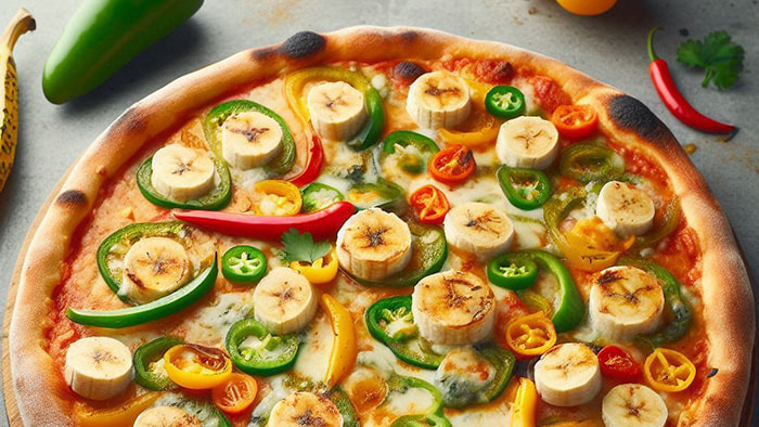 A delicious slice of banana curry pizza, showcasing the unique combination of ripe bananas and rich curry sauce atop a golden crust.