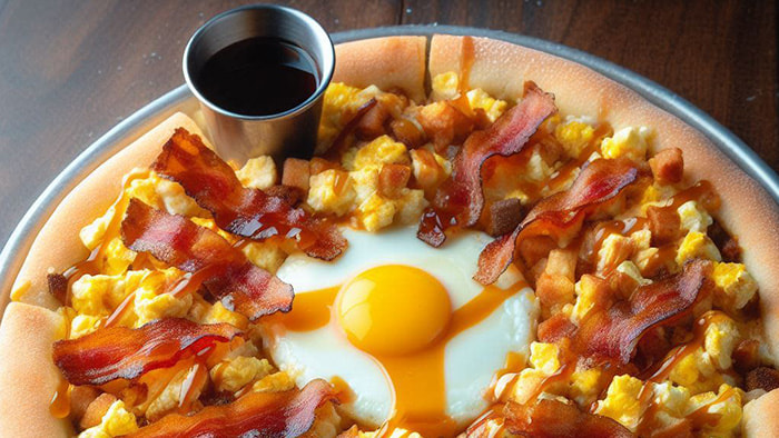 A scrumptious breakfast pizza, loaded with scrambled eggs, crispy bacon, and a drizzle of maple syrup, ready to revolutionize your morning routine.
