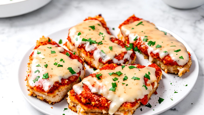 A hearty serving of Chicken Parmi, with a golden-brown breaded chicken breast topped with melted cheese and tomato sauce, served with a side of chips.