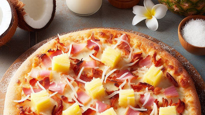 A mouth-watering coconut pizza, showcasing the delightful combination of shredded coconut, pineapple, and ham atop a cheesy base.