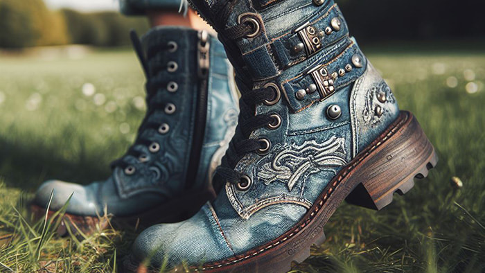 A pair of denim boots showcasing the unique fusion of jeans and footwear.