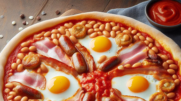 A hearty Full English Breakfast Pizza, laden with all the classic breakfast favorites, ready to provide a feast for the senses.