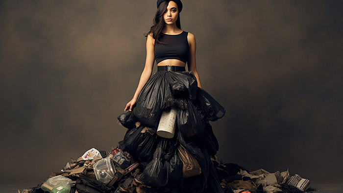 A dress made from recycled materials, embodying the concept of trashy chic.