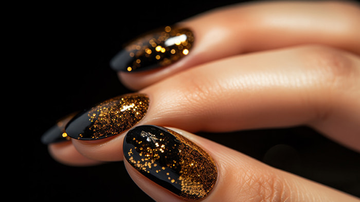 Lady Gaga's iconic black fingernail adorned with gold glitter and beads.