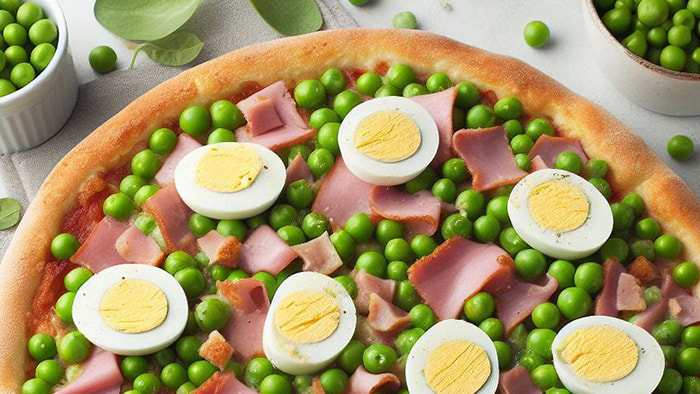 A vibrant and colorful green peas pizza, adorned with a generous helping of peas, ham, and hard-boiled eggs.