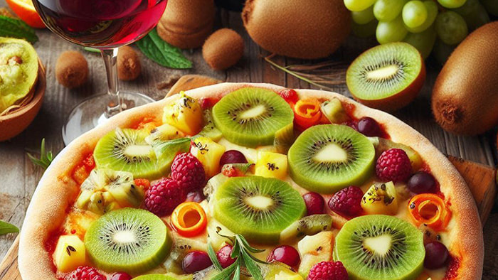 A striking kiwi pizza, adorned with vibrant green kiwi slices, challenging the norms of traditional pizza toppings.