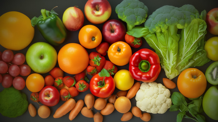 A selection of organic fruits and vegetables rich in vitamins and nutrients.