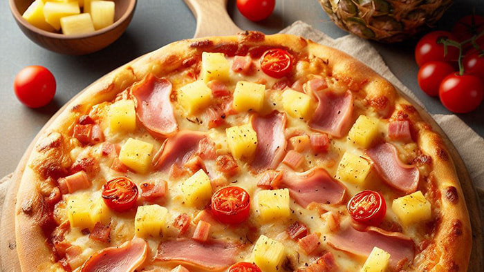 A controversial yet beloved pineapple pizza, showcasing the sweet and savory harmony of pineapple chunks and ham.