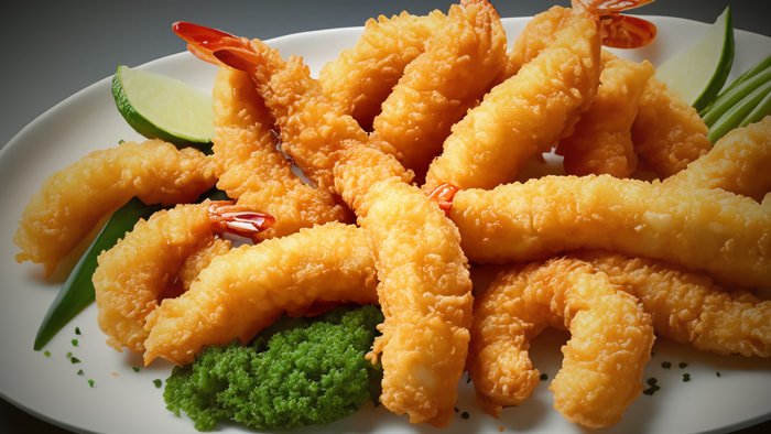 A plate of assorted tempura, featuring perfectly fried shrimp and vegetables, showcasing the light and crispy batter.