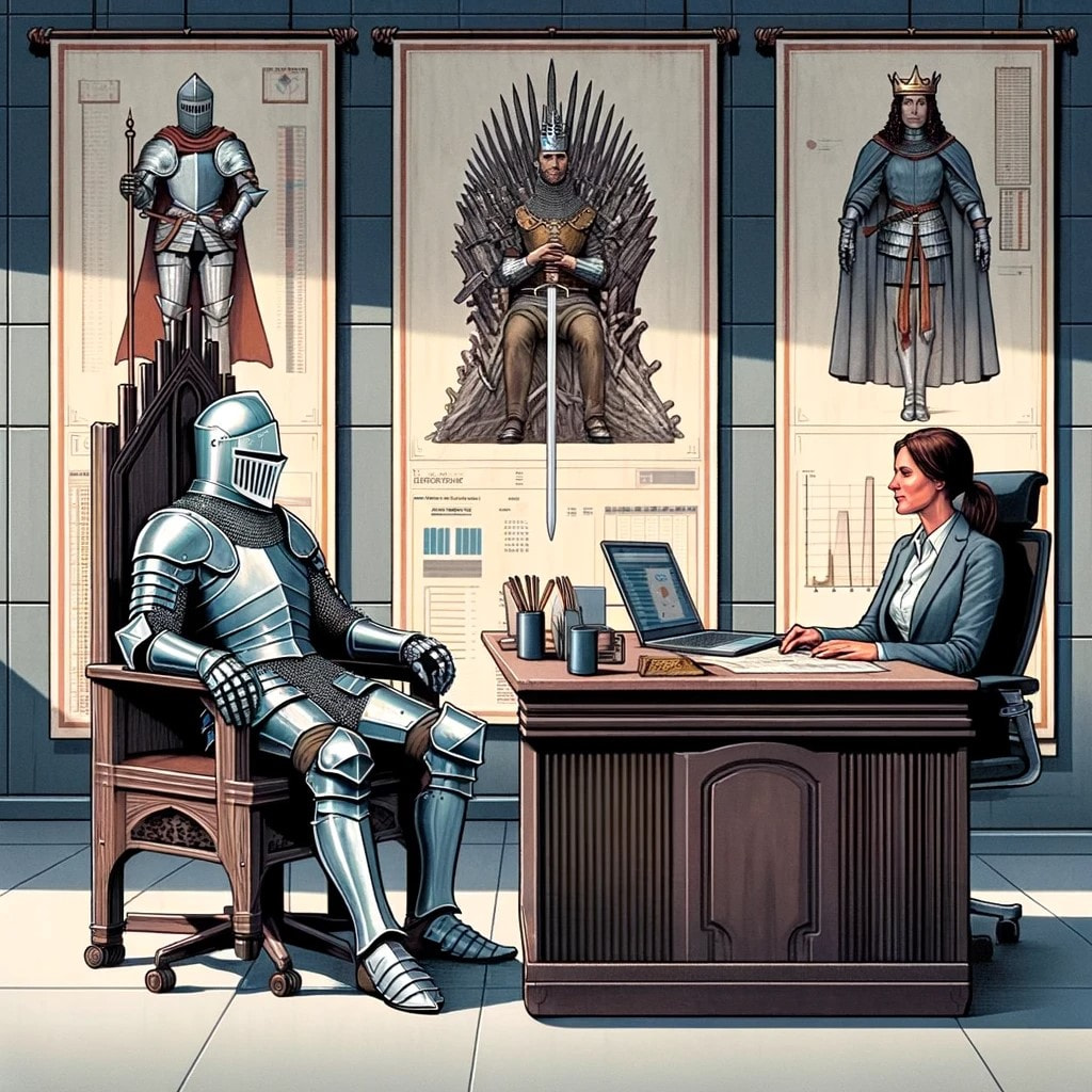A knight in full armor sitting in an HR meeting.