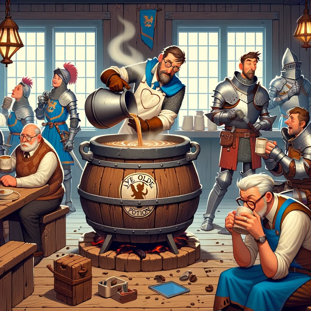 Workers and knights taking a coffee break with a large caldron of coffee.