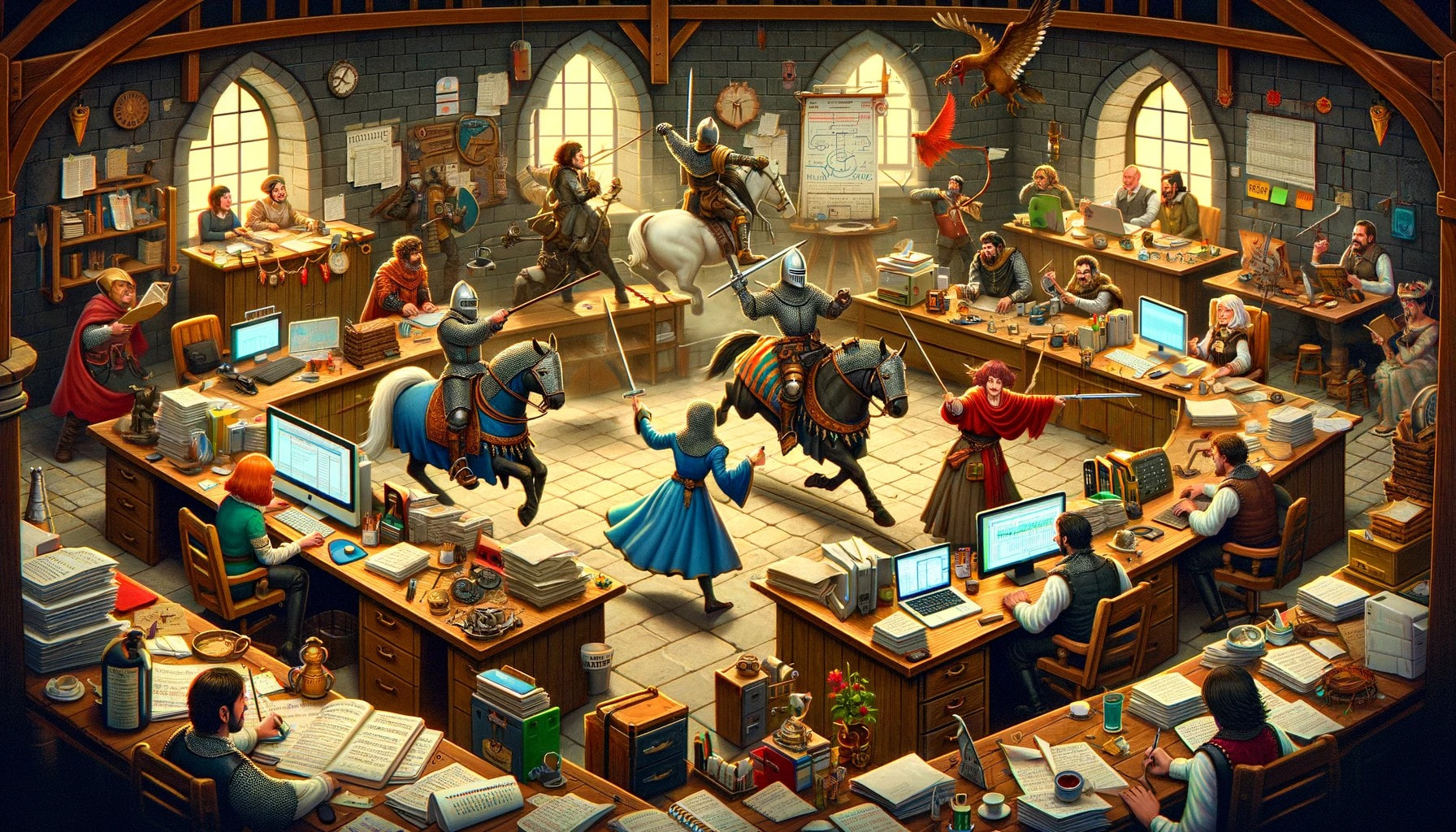 A medieval battle in an office.