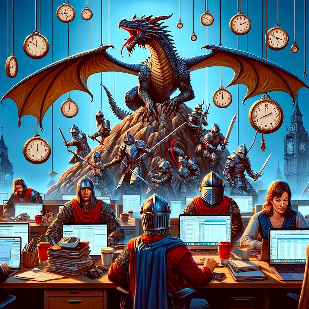 Knights working at their desks with a dragon in the background.
