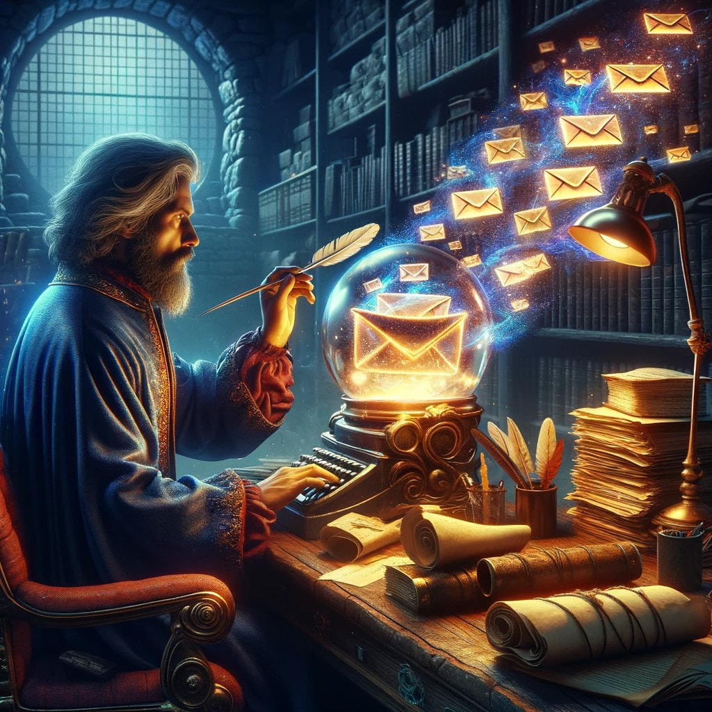 A wizard sending emails from his crystalball.