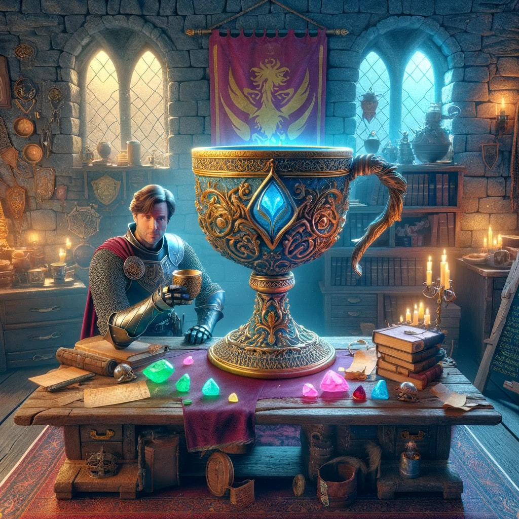 A handsome knight sitting next to a giant goblet.