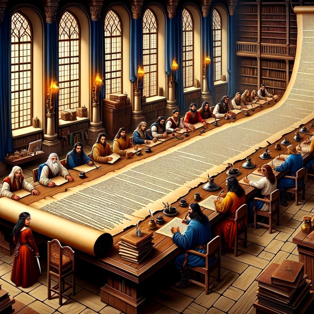 Dozens of scribes sitting around a massive scroll.