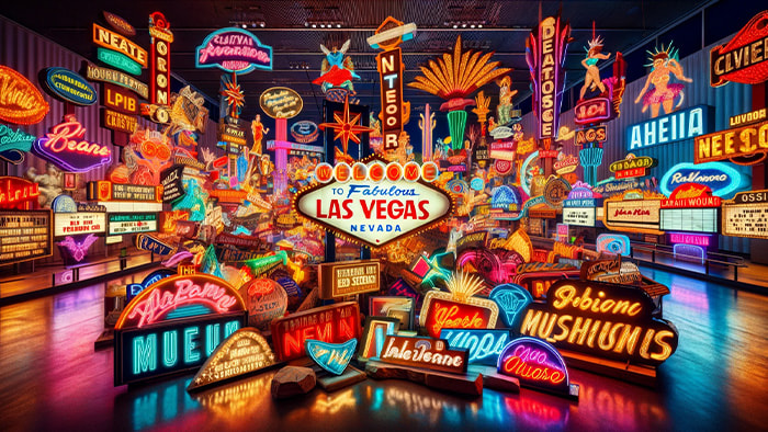 A vibrant scene at the Neon Museum in Las Vegas, Nevada, showcasing a collection of colorful, historic neon signs from the Las Vegas Strip