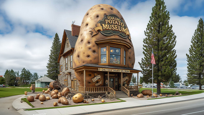 A whimsical depiction of the Idaho Potato Museum in Blackfoot, Idaho, featuring an exterior view of the museum with potato-themed exhibits and a giant potato sculpture