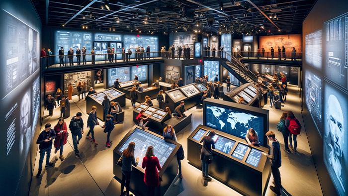 An engaging view of the International Spy Museum in Washington, D.C., highlighting interactive spy exhibits and visitors engaging in espionage activities