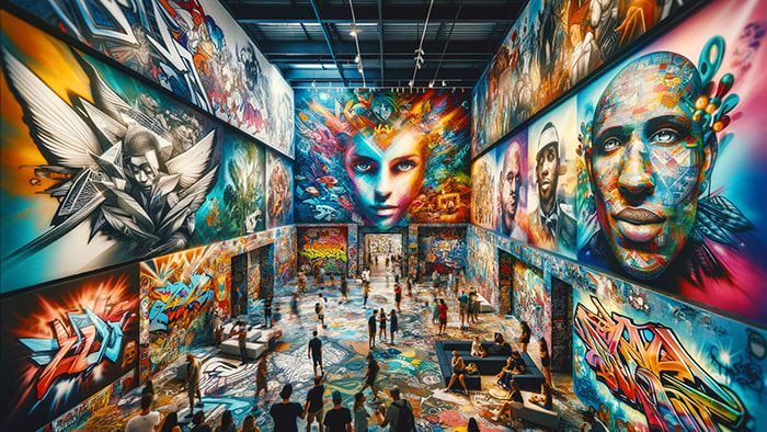 Artistic view of the Museum of Graffiti in Miami, Florida, featuring colorful graffiti art and murals by various artists displayed both indoors and outdoors