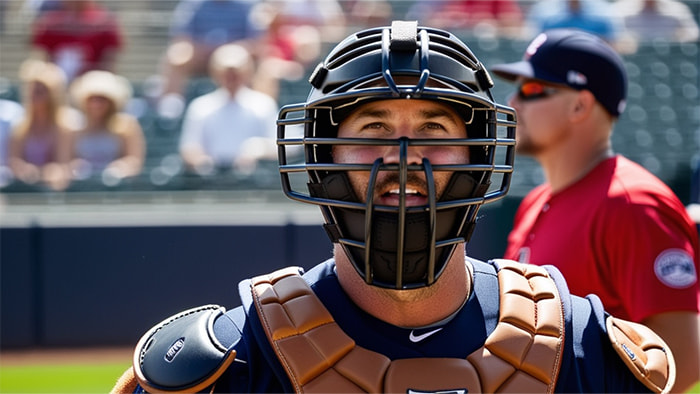 A baseball catcher wearing a mask with a mysterious and slightly humorous expression on a baseball field