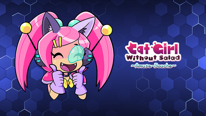 Colorful artwork of the 'Cat Girl Without Salad' game, featuring the quirky main character and whimsical elements