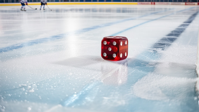 A humorous depiction of a dice game being played on a Canadian ice hockey rink
