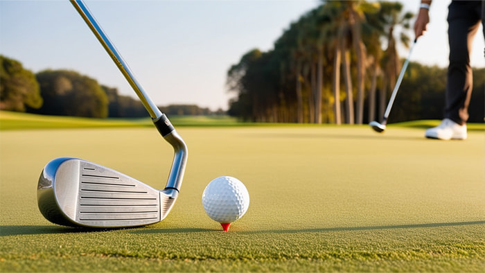 A golfer looking shocked as his club breaks mid-swing, with the ball still on the tee