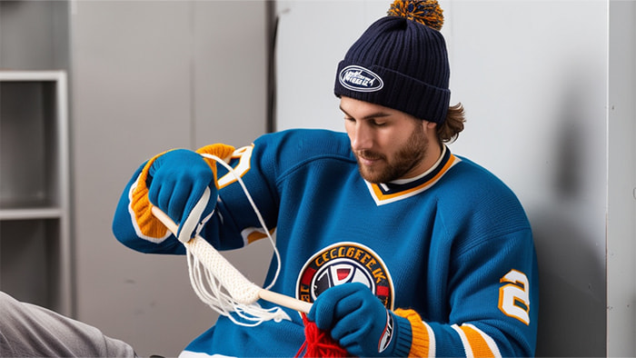 An ice hockey player sitting in a penalty box, knitting a sweater, looking bored and amused