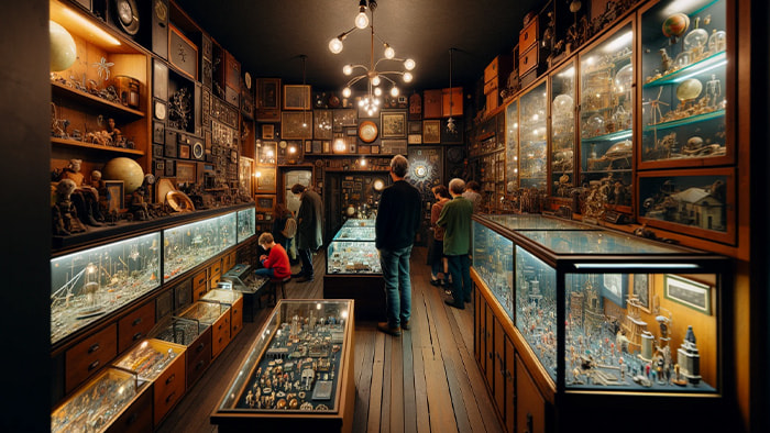 Interior of the Museum of Jurassic Technology in Los Angeles, California, featuring eclectic displays of curiosities, including mini models and unique artifacts