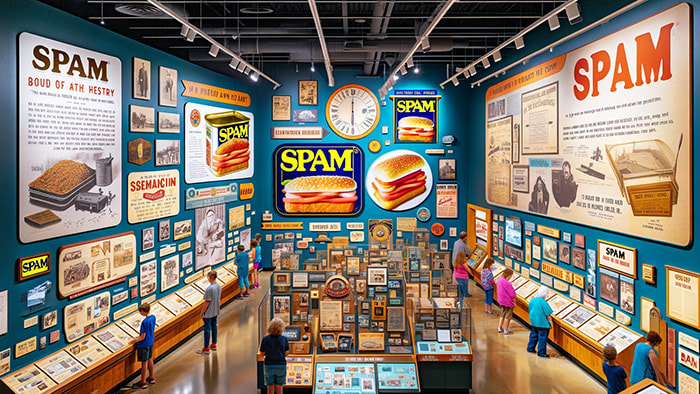 Interior of the SPAM Museum in Austin, Minnesota, displaying various exhibits about the history and production of SPAM, including a timeline and memorabilia