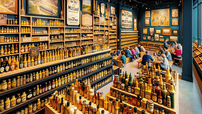 Interior view of the National Mustard Museum in Middleton, Wisconsin, displaying an extensive collection of mustards from around the world