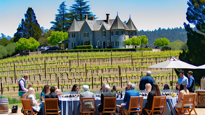 Jordan Vineyard & Winery in Healdsburg with a chateau-style winery and guests at a wine and food event