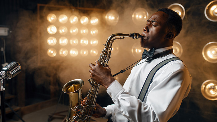 Jazz musicians performing live at the New Orleans Jazz & Heritage Festival