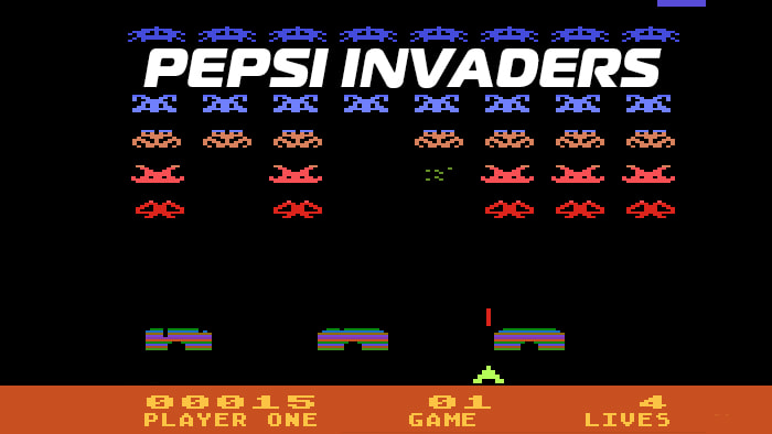 A vintage Atari 2600 cartridge of Pepsi Invaders with its unique label design