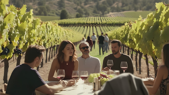 Robert Mondavi Winery in Napa Valley, California, with lush vineyards and visitors enjoying wine tastings