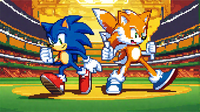 Sonic and Tails characters fighting in the Super Smash Bros. arena