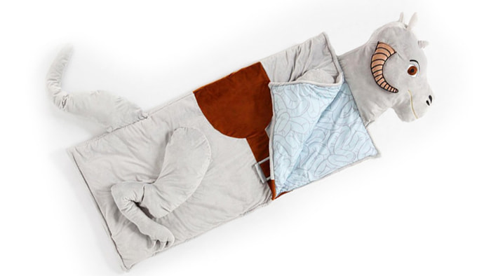 A cozy Tauntaun sleeping bag, inspired by Star Wars, with head and tail details